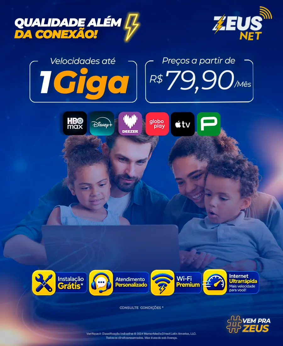 Família assistindo junto no notebook. Zeus Net: velocidades até 1 Giga, preços a partir de R$ 79,90 por mês, com HBO Max, Disney+, Deezer, Globoplay, Apple TV e Premiere, instalação grátis, Wi-Fi Premium e atendimento personalizado. Consulte condições.