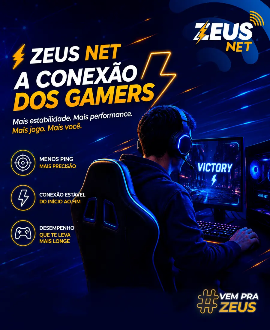 Jogador com headset diante do monitor mostrando "Victory". Zeus Net, a conexão dos gamers: mais estabilidade, mais performance — menos ping, conexão estável do início ao fim e desempenho que te leva mais longe.