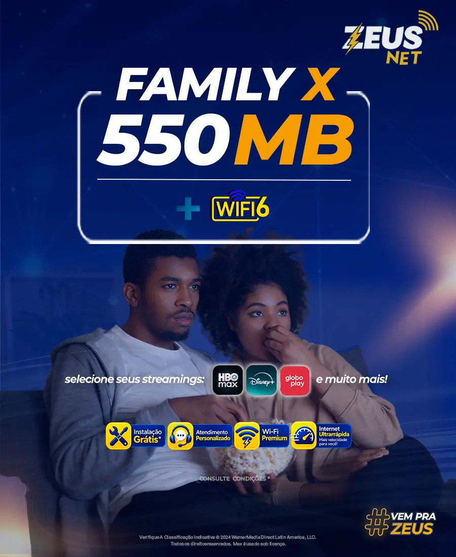 Casal assistindo TV com pipoca. Zeus Net Family X: 550 Mega com Wi-Fi 6 e streamings à escolha, entre eles HBO Max, Disney+ e Globoplay. Instalação grátis, atendimento personalizado, Wi-Fi Premium e internet ultrarrápida. Consulte condições.