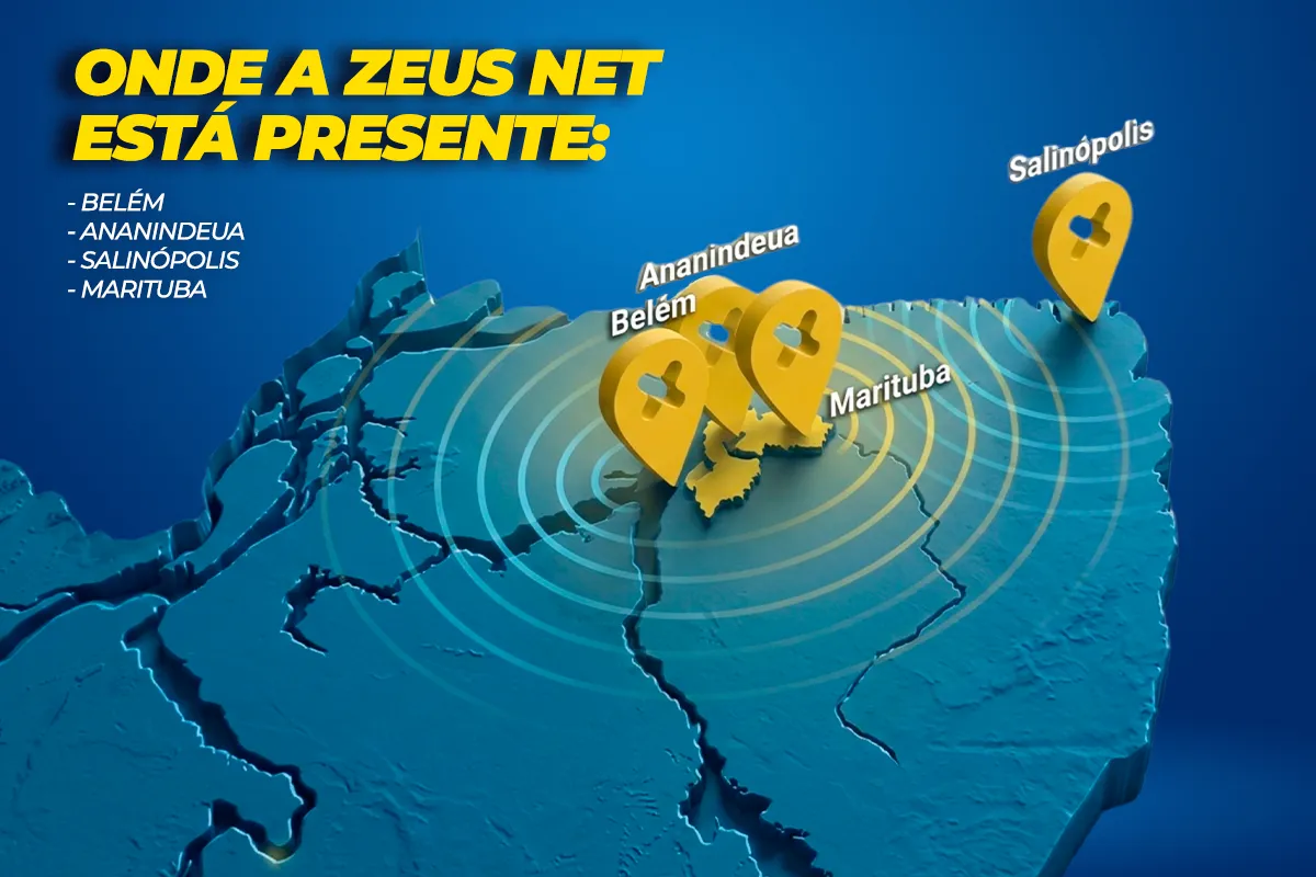 Mapa ilustrativo da região com alfinetes nas cidades atendidas pela Zeus Net